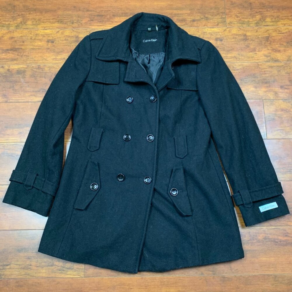 Calvin Klein Womens Wool Blend Pea Coat Charcoal Gray Size 12 Recycled Wool
